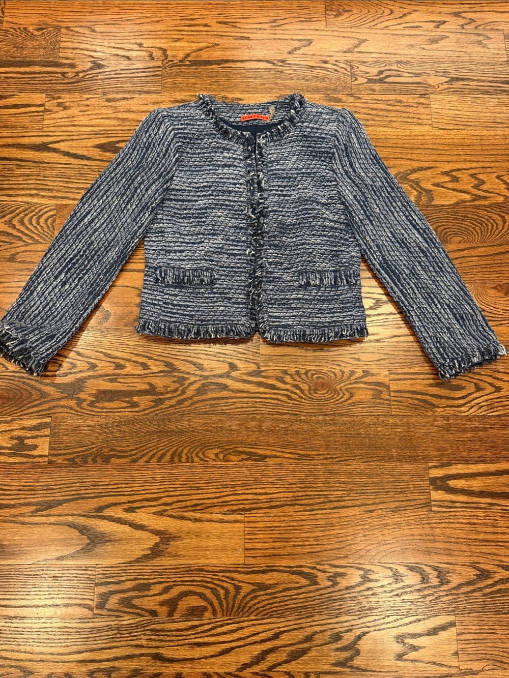 Alice + Olivia Navy and White Tweed Fringe-Trim Jacket Size Small